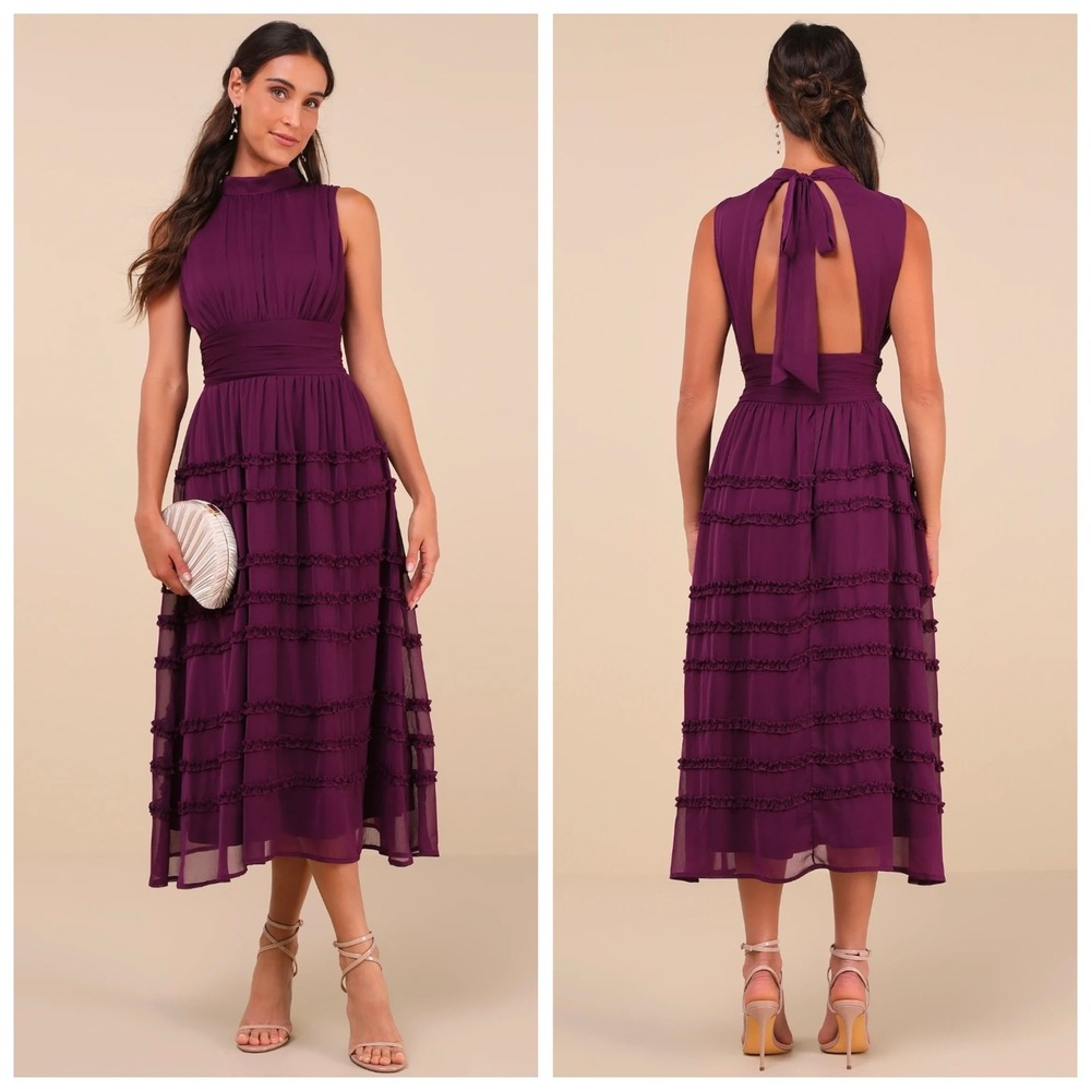 Lulus Plum Purple Tiered Ruffle Open Back High Neck Midi‎ Dress XL Wedding Guest